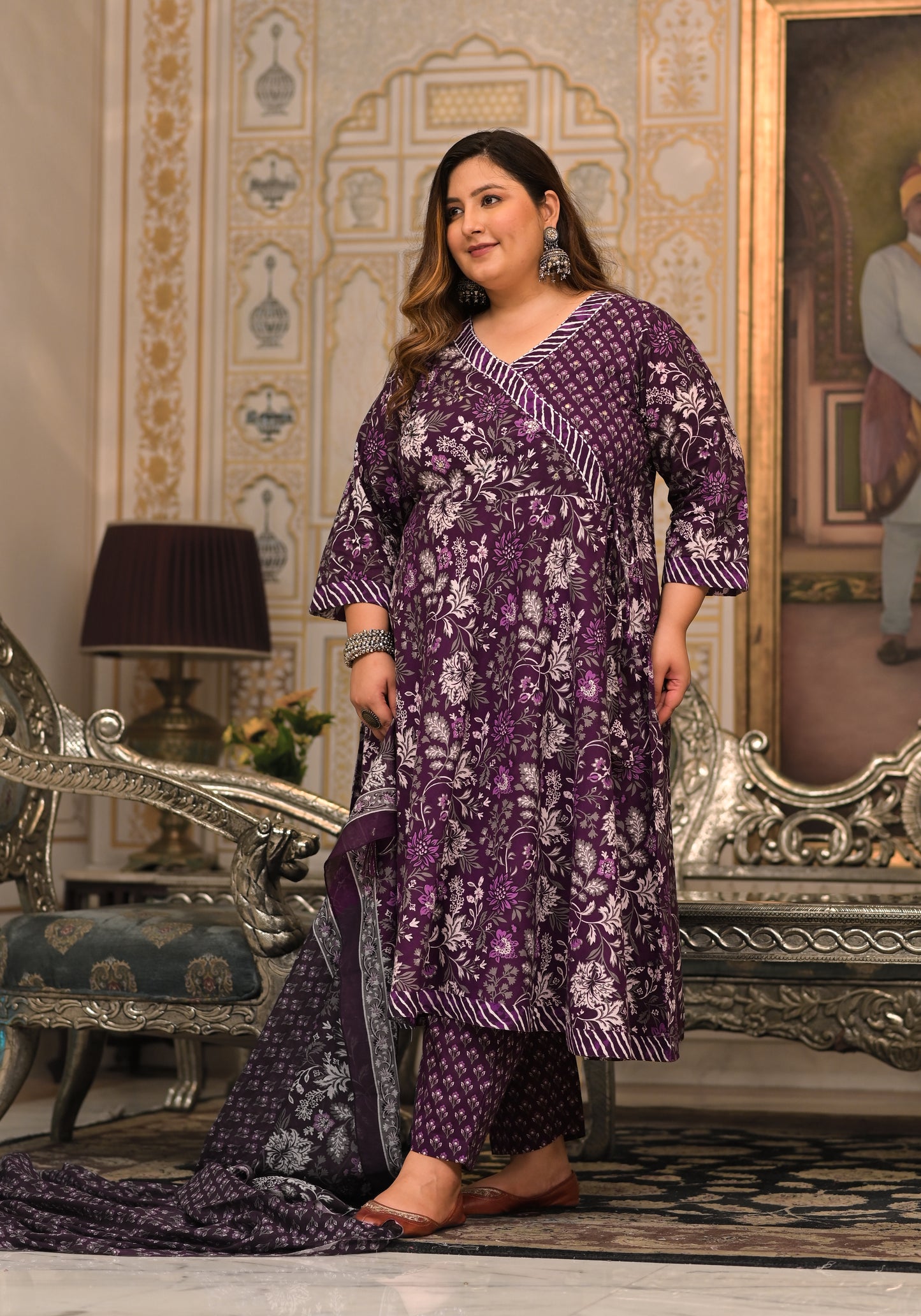 Purple Angrakha Kurta Pant Dupatta Set