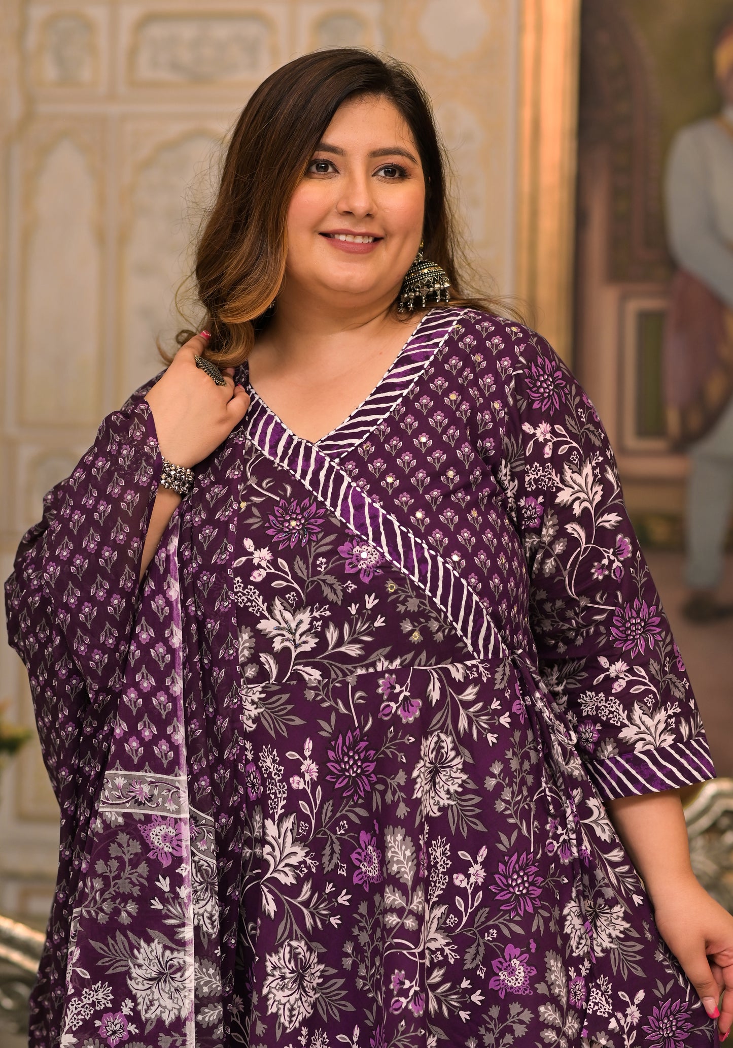 Purple Angrakha Kurta Pant Dupatta Set