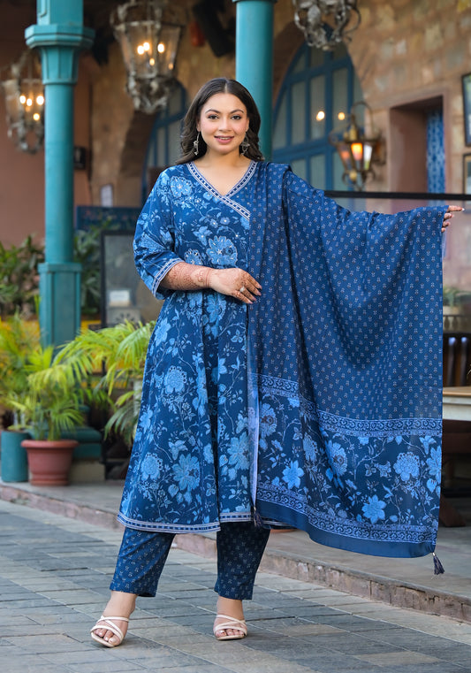 Royal Blue Anarkali Kurta Pant Dupatta Set (Pure Cotton)