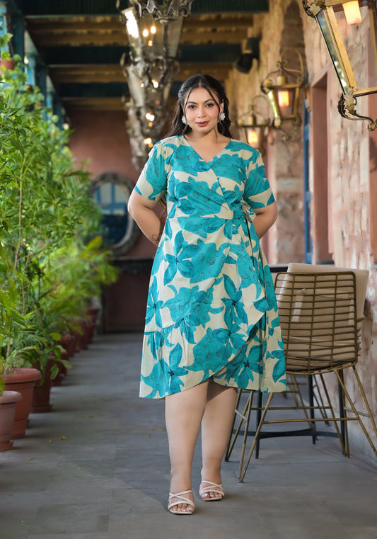 Sea Green Cotton Printed V Neck Wrap-Around Dress