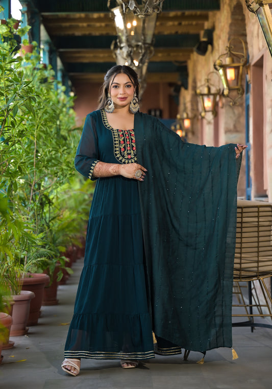 Dark Green Embroidered Anarkali Kurta & Dupatta Set