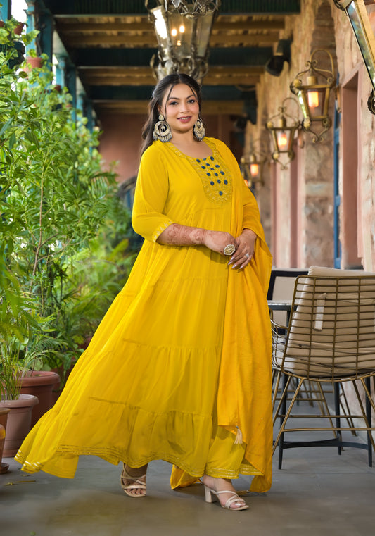 Yellow Embroidered Anarkali Kurta & Dupatta Set