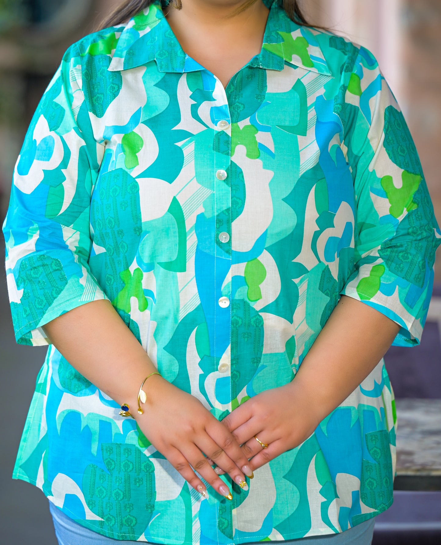 Teal Blue Pure Cotton Printed Top