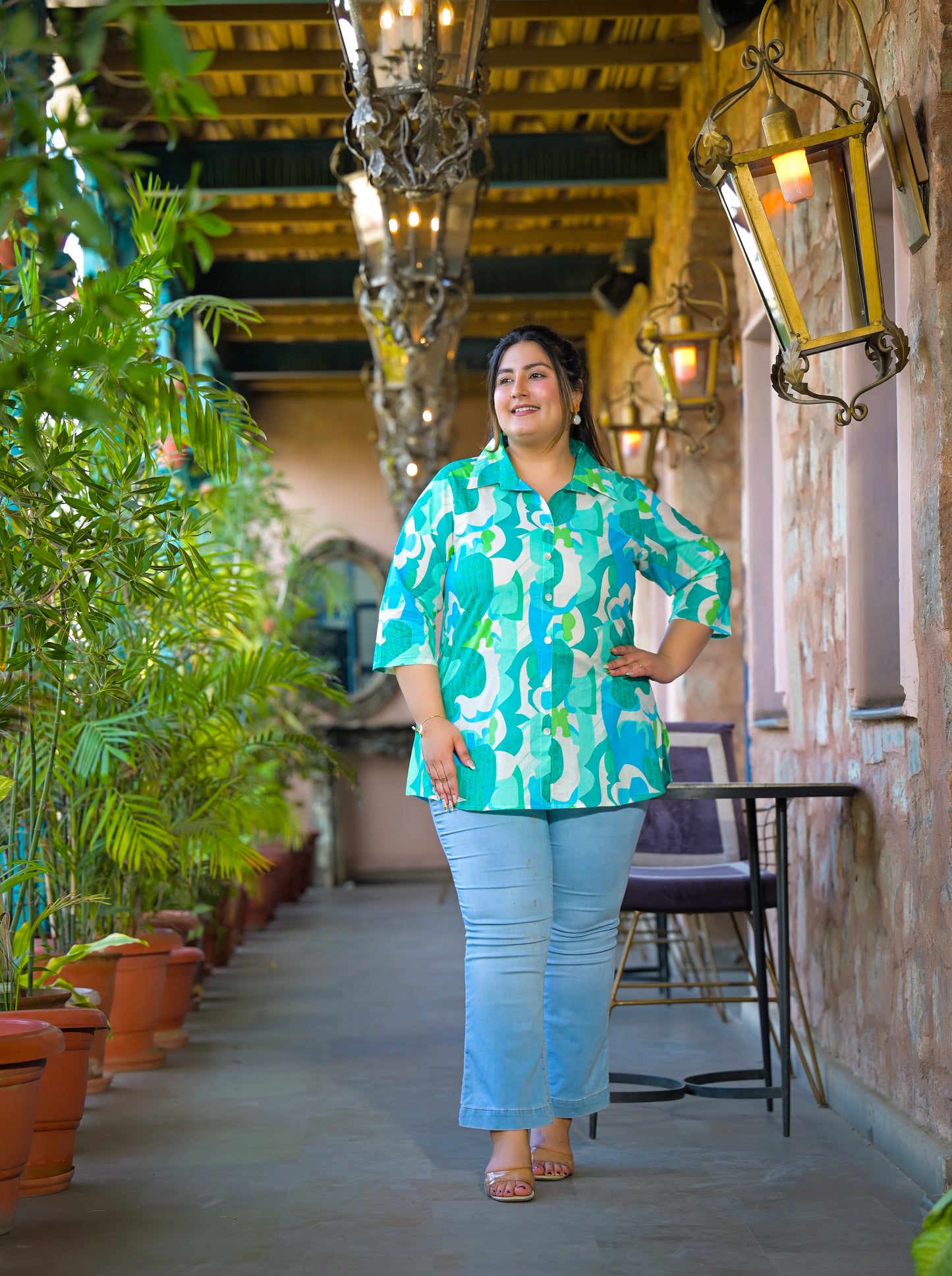 Teal Blue Pure Cotton Printed Top