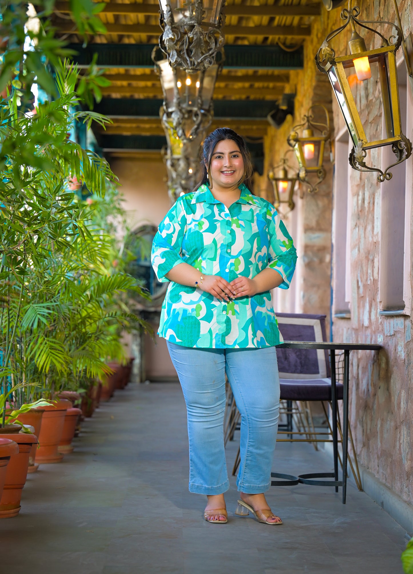 Teal Blue Pure Cotton Printed Top