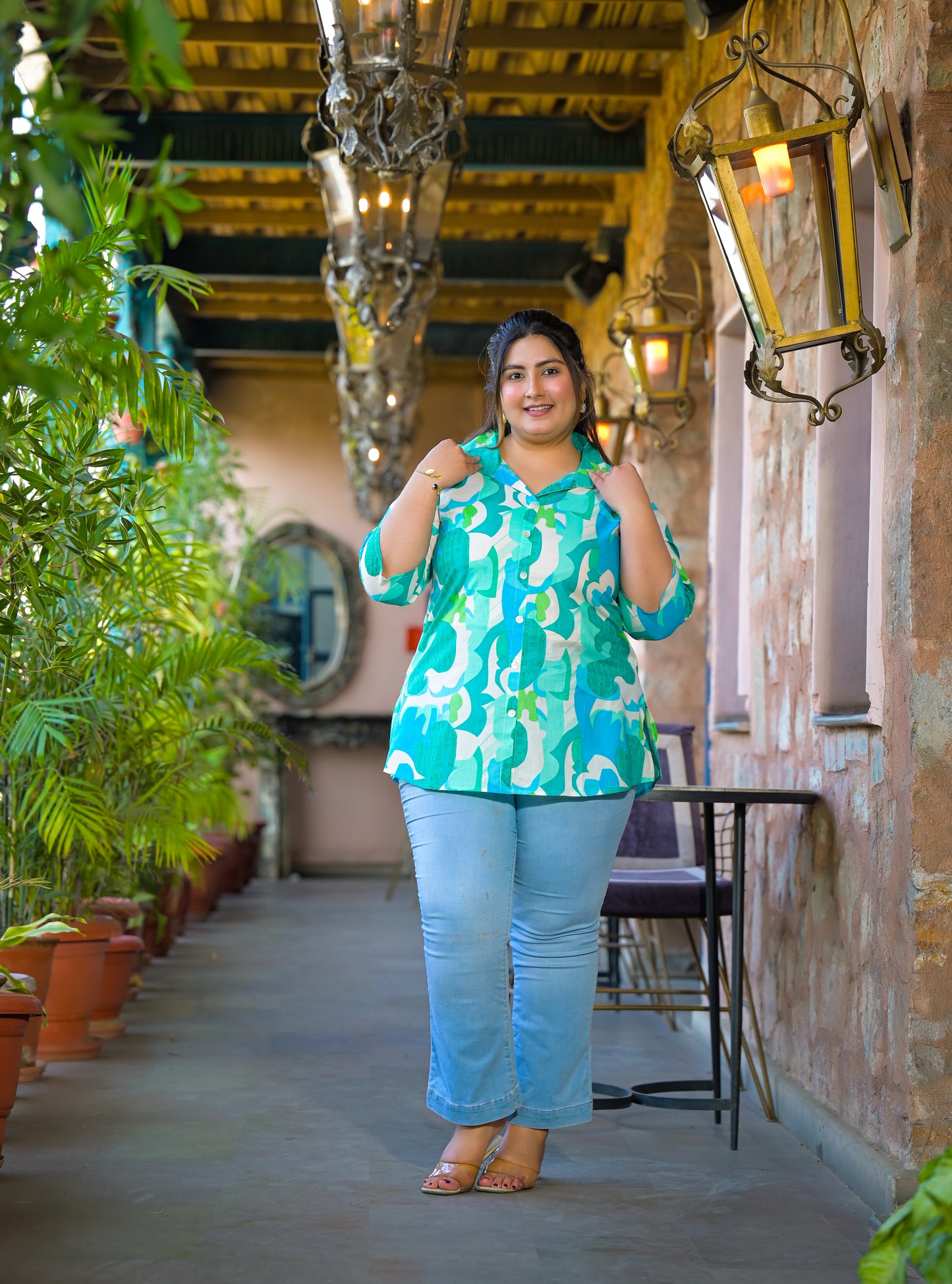 Teal Blue Pure Cotton Printed Top