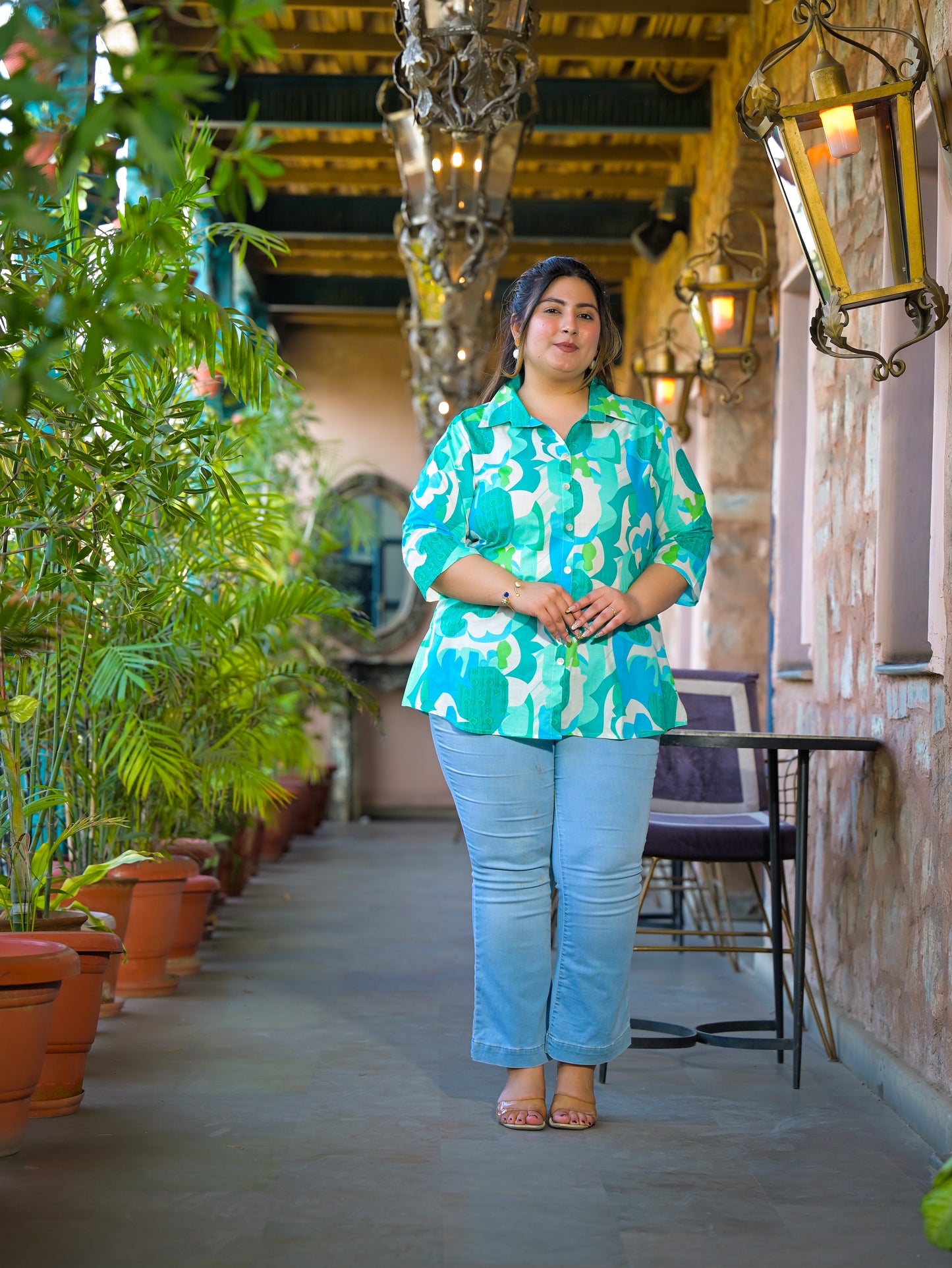 Teal Blue Pure Cotton Printed Top