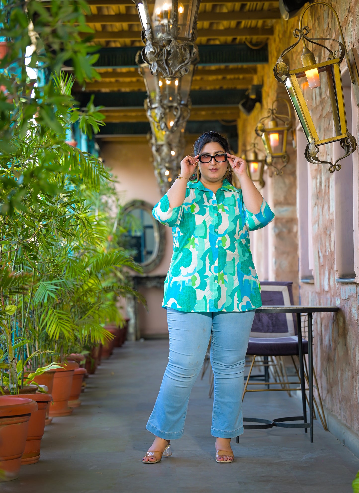 Teal Blue Pure Cotton Printed Top