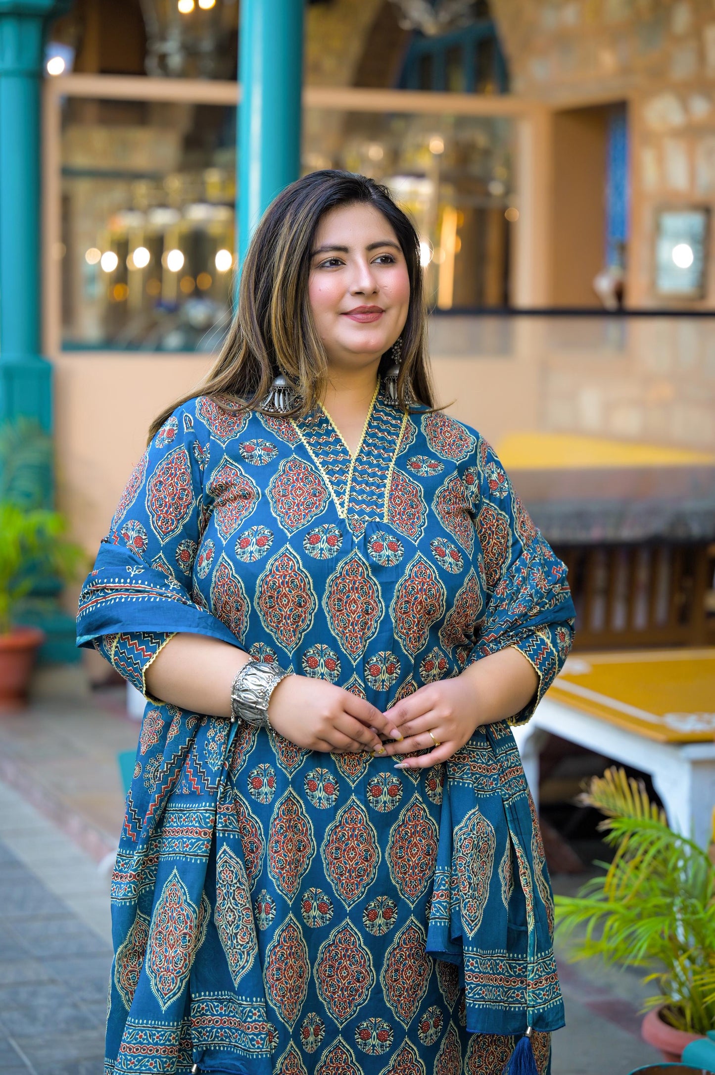 Blue Printed Kurta pant Dupatta Set (Cotton)
