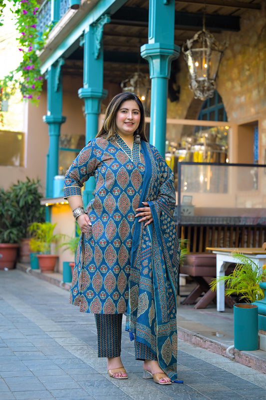 Blue Printed Kurta pant Dupatta Set (Cotton)