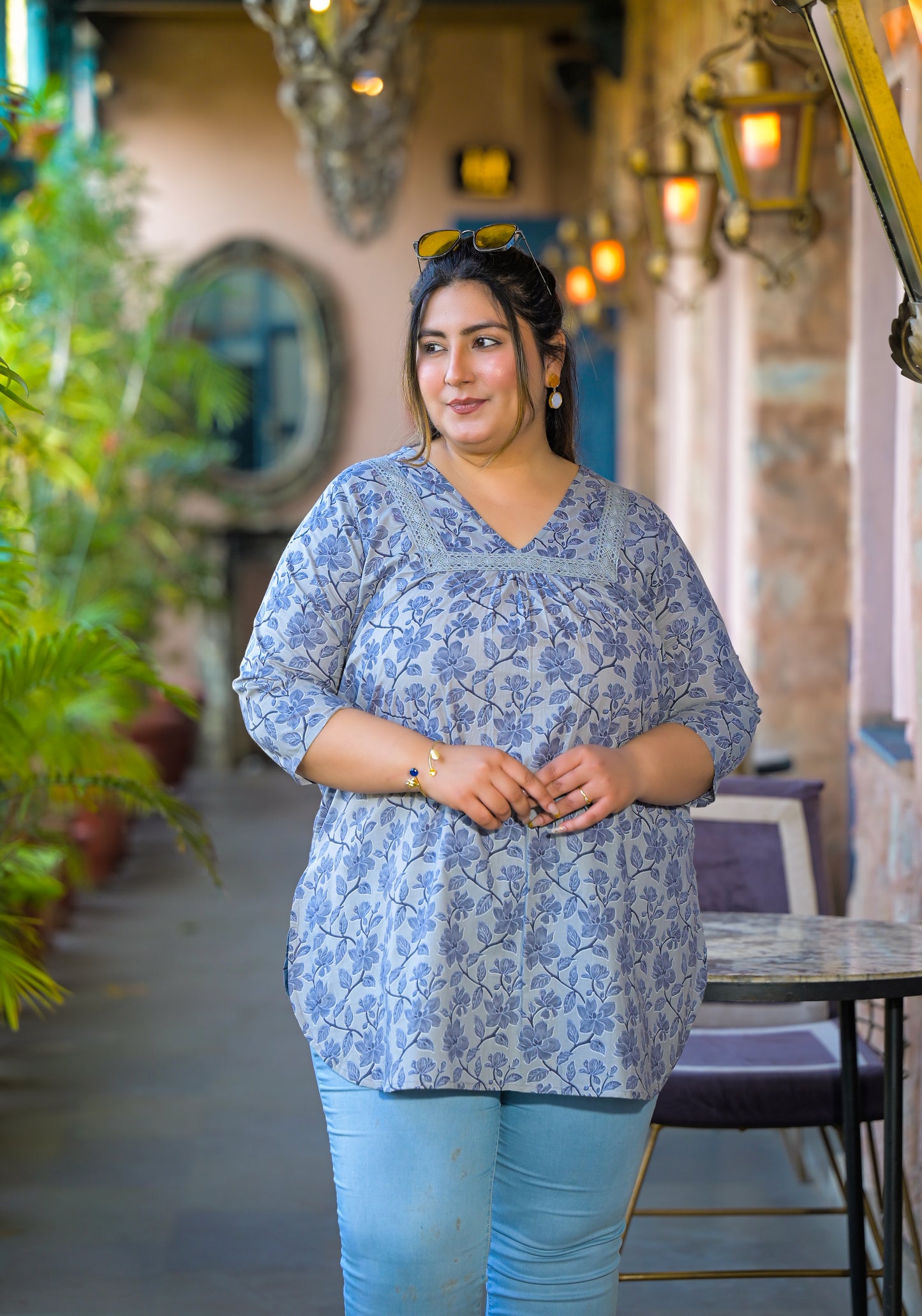 Grey Blue Pure Cotton Printed Top