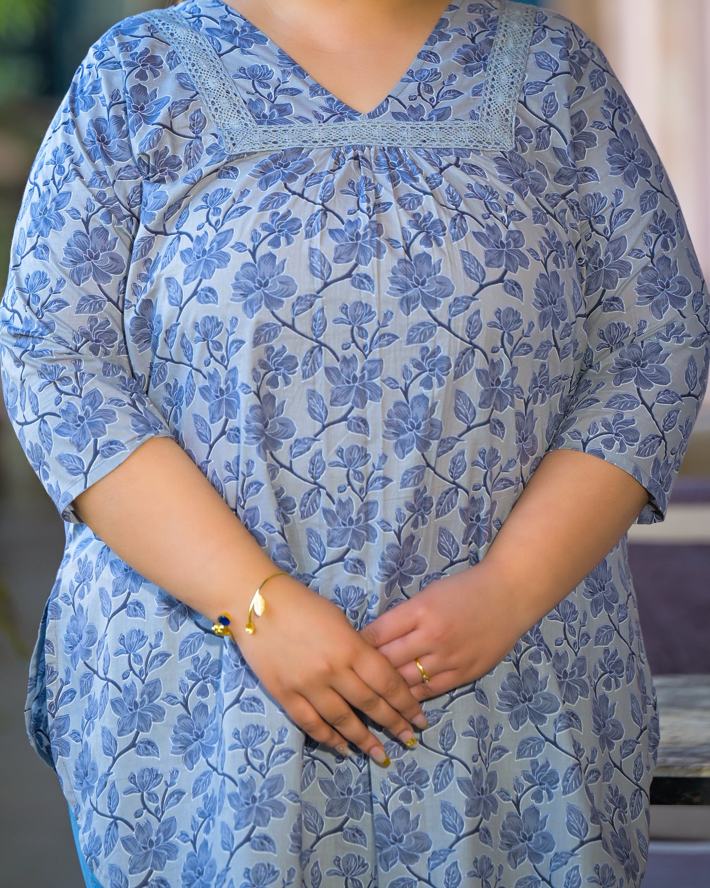 Grey Blue Pure Cotton Printed Top