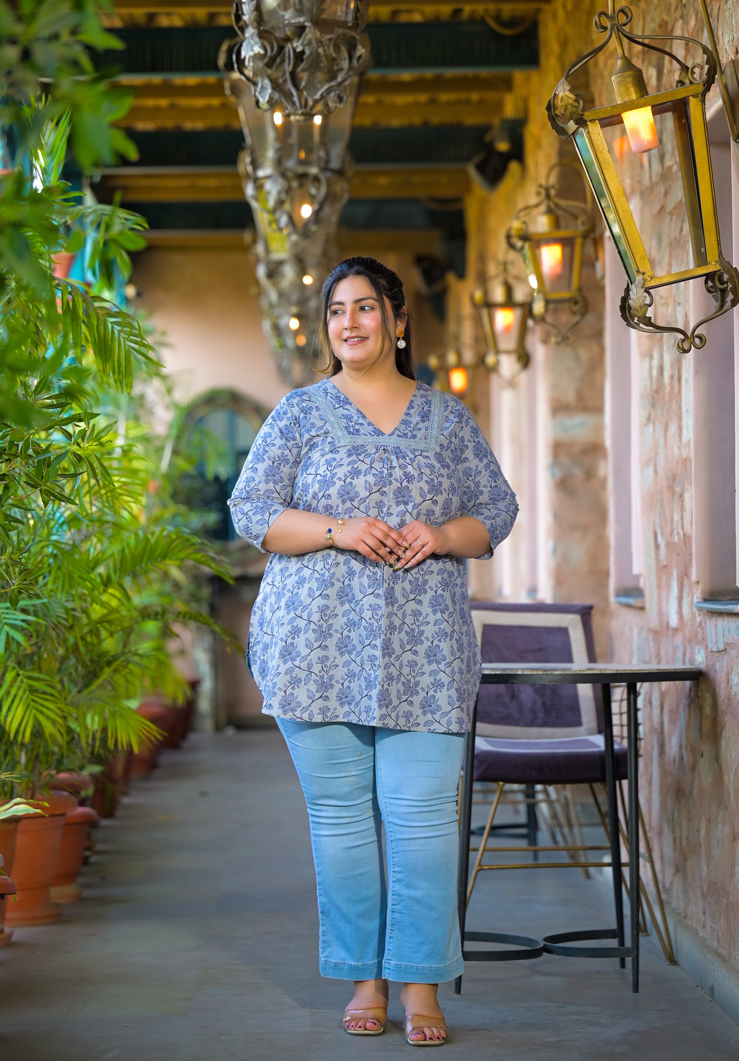 Grey Blue Pure Cotton Printed Top