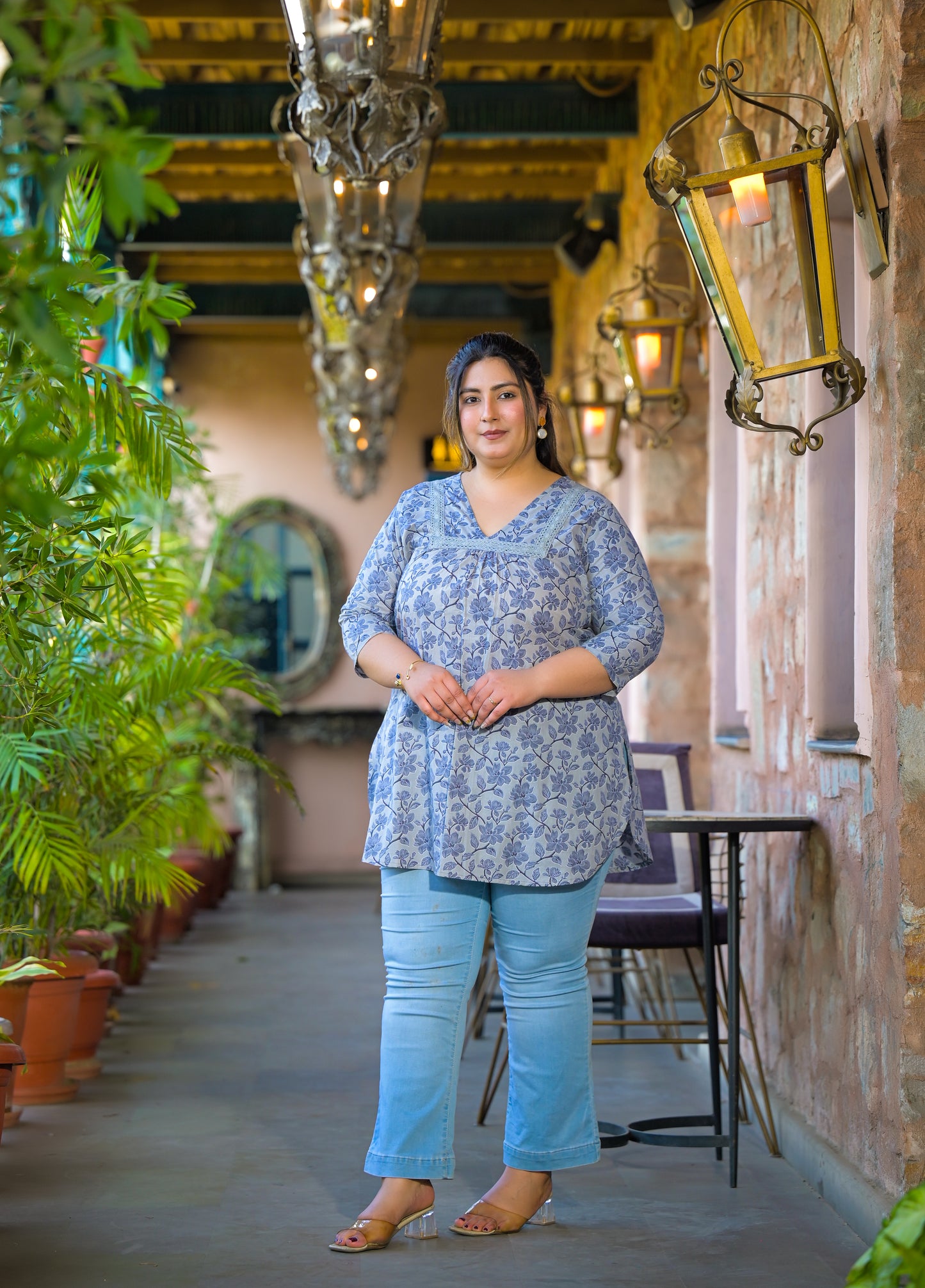 Grey Blue Pure Cotton Printed Top