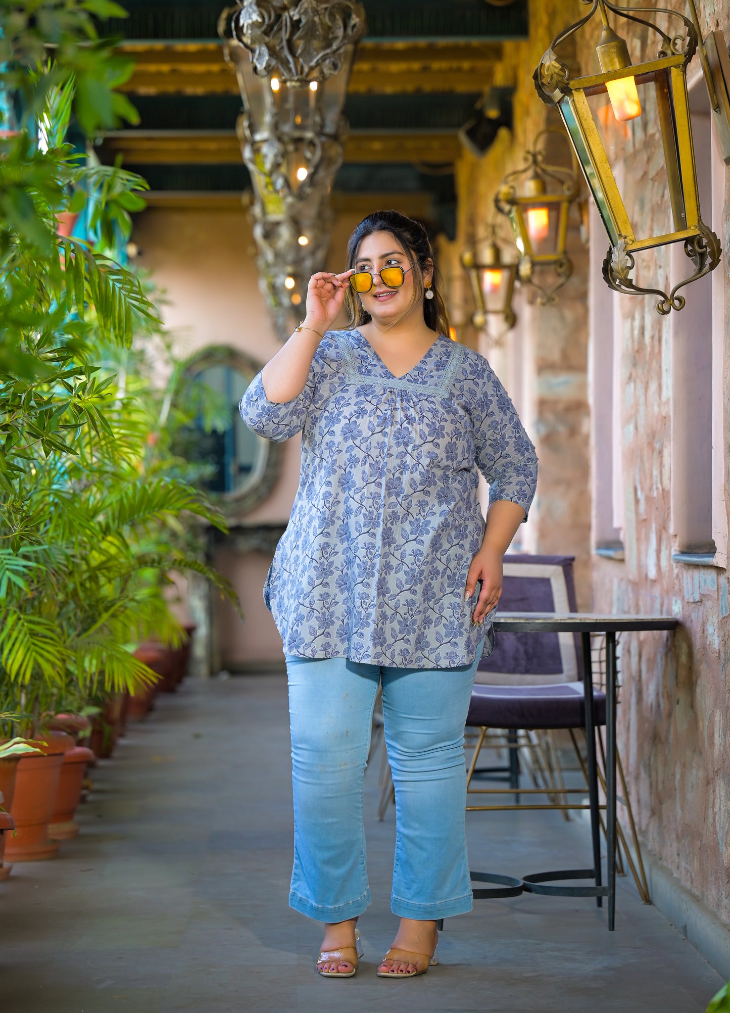 Grey Blue Pure Cotton Printed Top