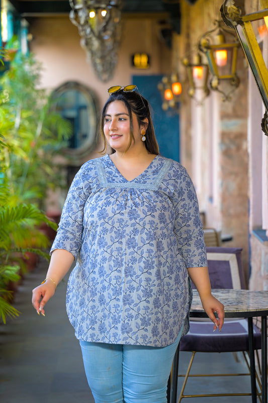 Grey Blue Pure Cotton Printed Top