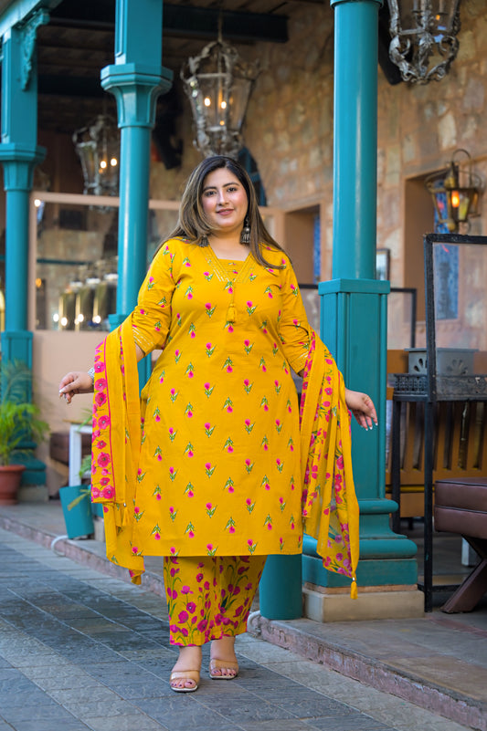 Mustard Printed Kurta pant Dupatta Set (Cotton)