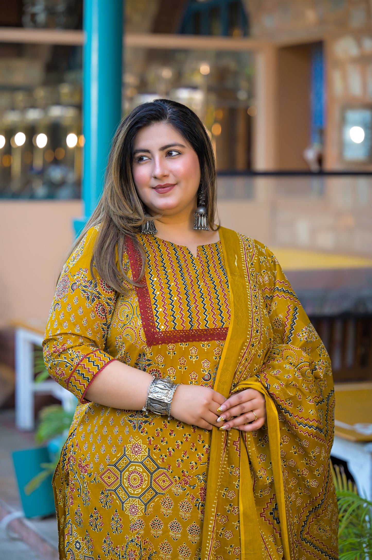 Yellow Printed Kurta pant Dupatta Set (Cotton)