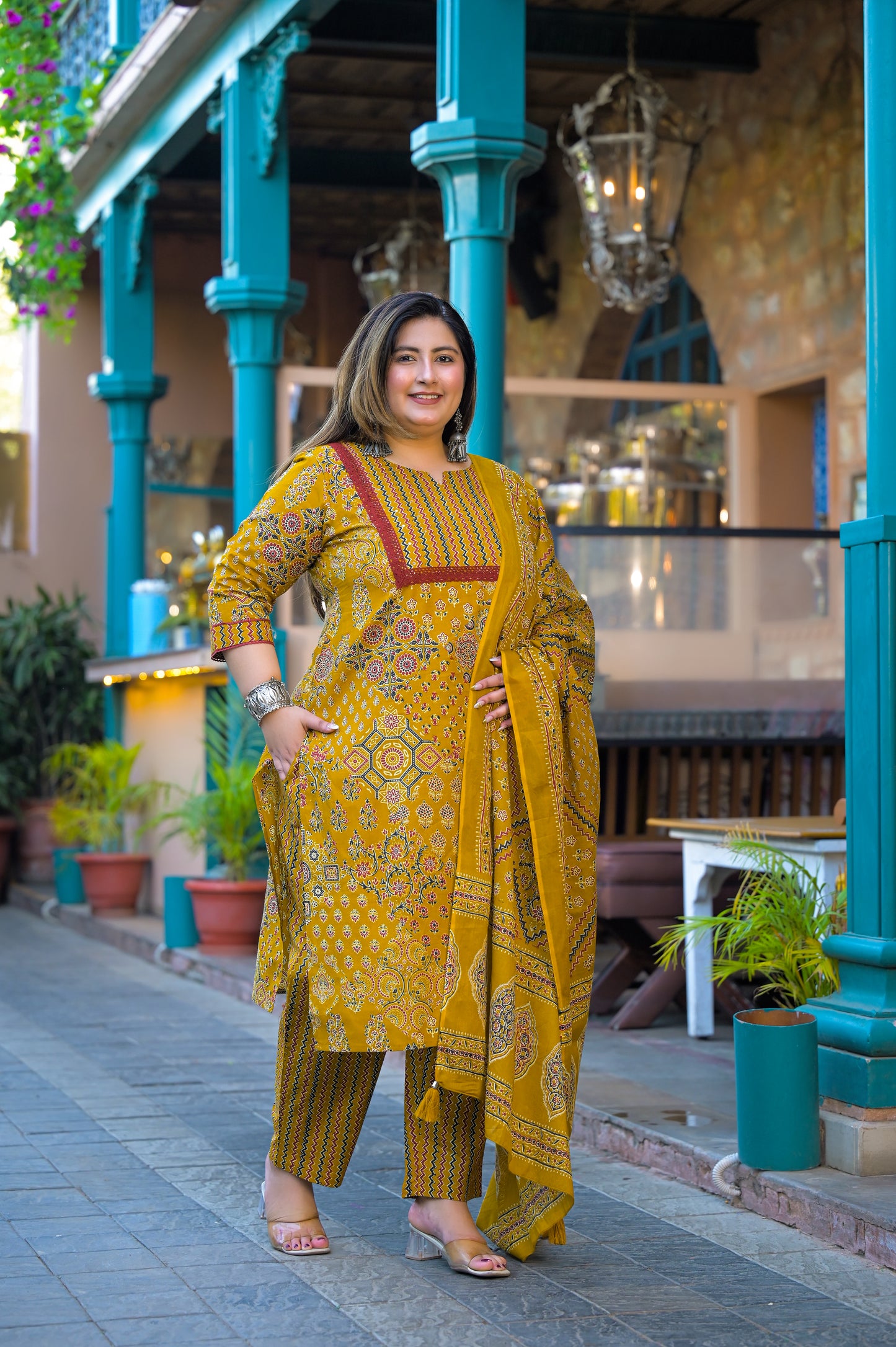 Yellow Printed Kurta pant Dupatta Set (Cotton)