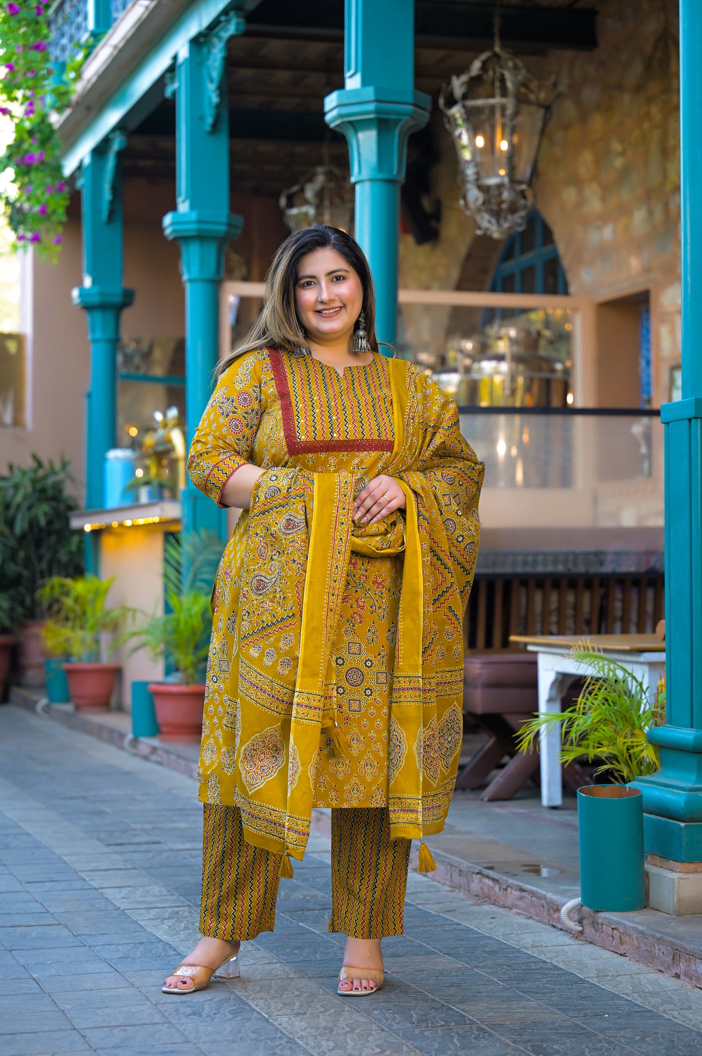Yellow Printed Kurta pant Dupatta Set (Cotton)