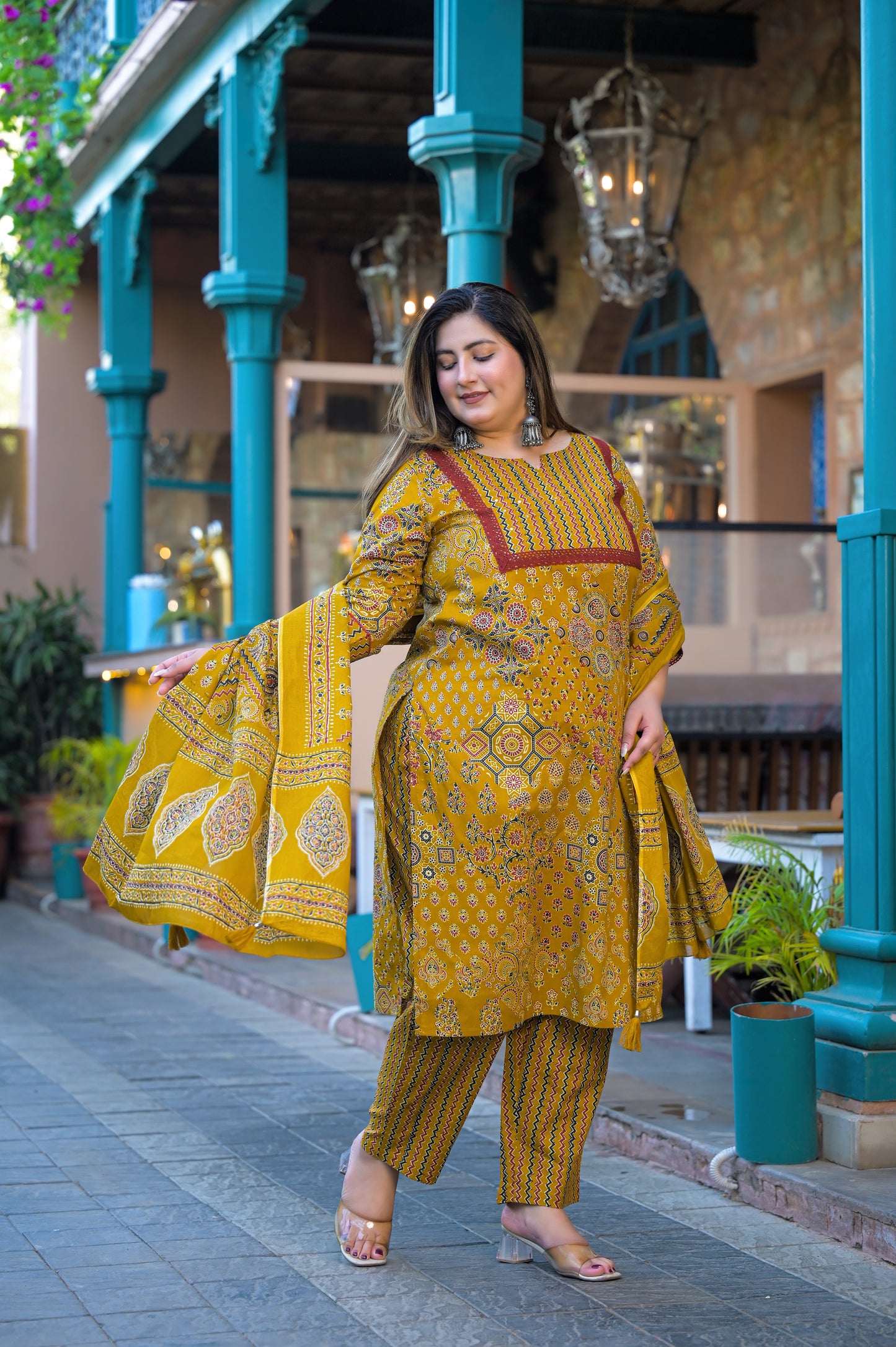 Yellow Printed Kurta pant Dupatta Set (Cotton)