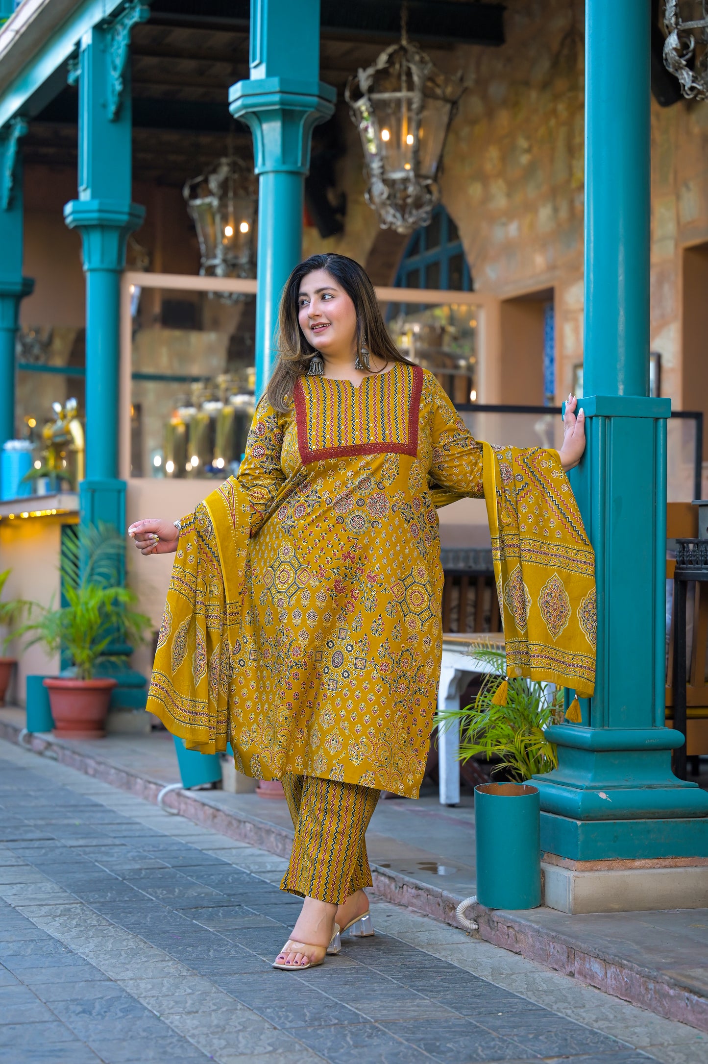 Yellow Printed Kurta pant Dupatta Set (Cotton)