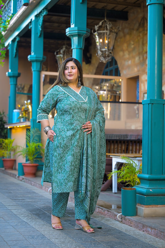 Light Green Printed Kurta pant Dupatta Set (Cotton)