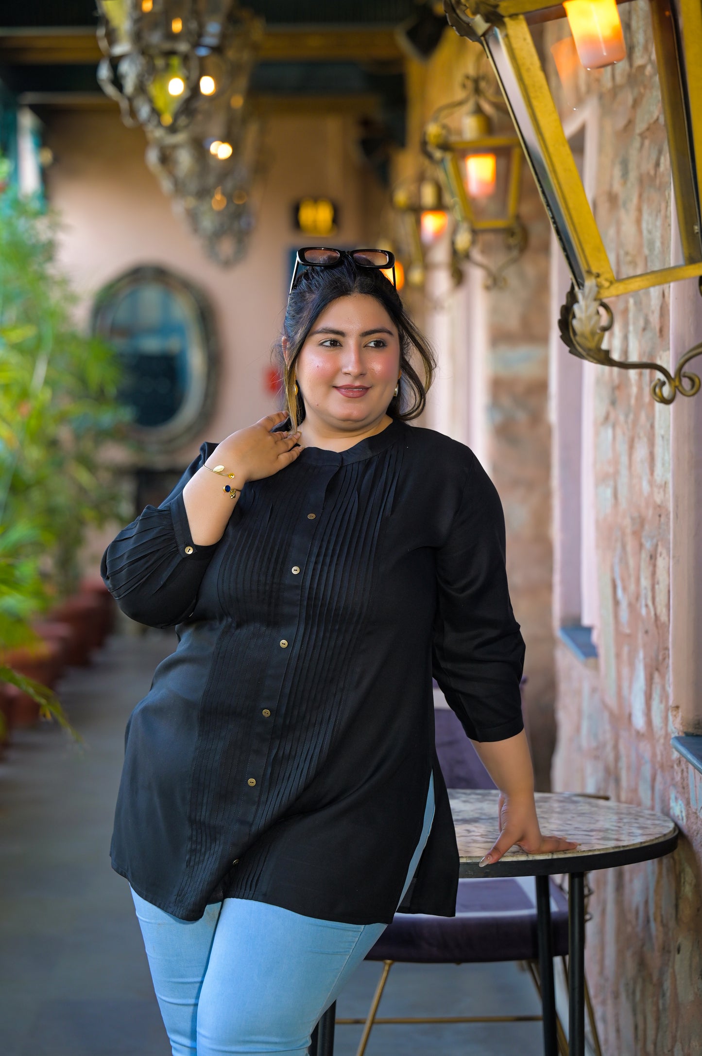 Black Rayon Solid Pin-Tucks Top