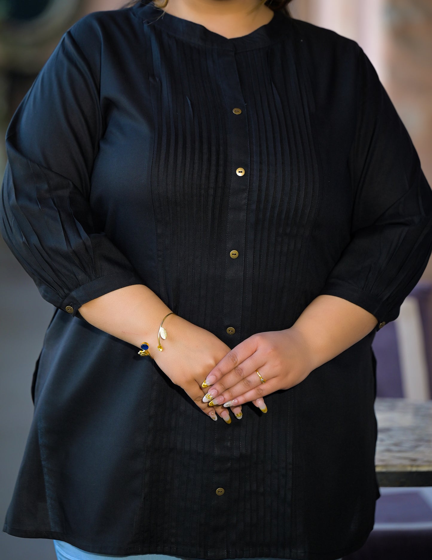 Black Rayon Solid Pin-Tucks Top