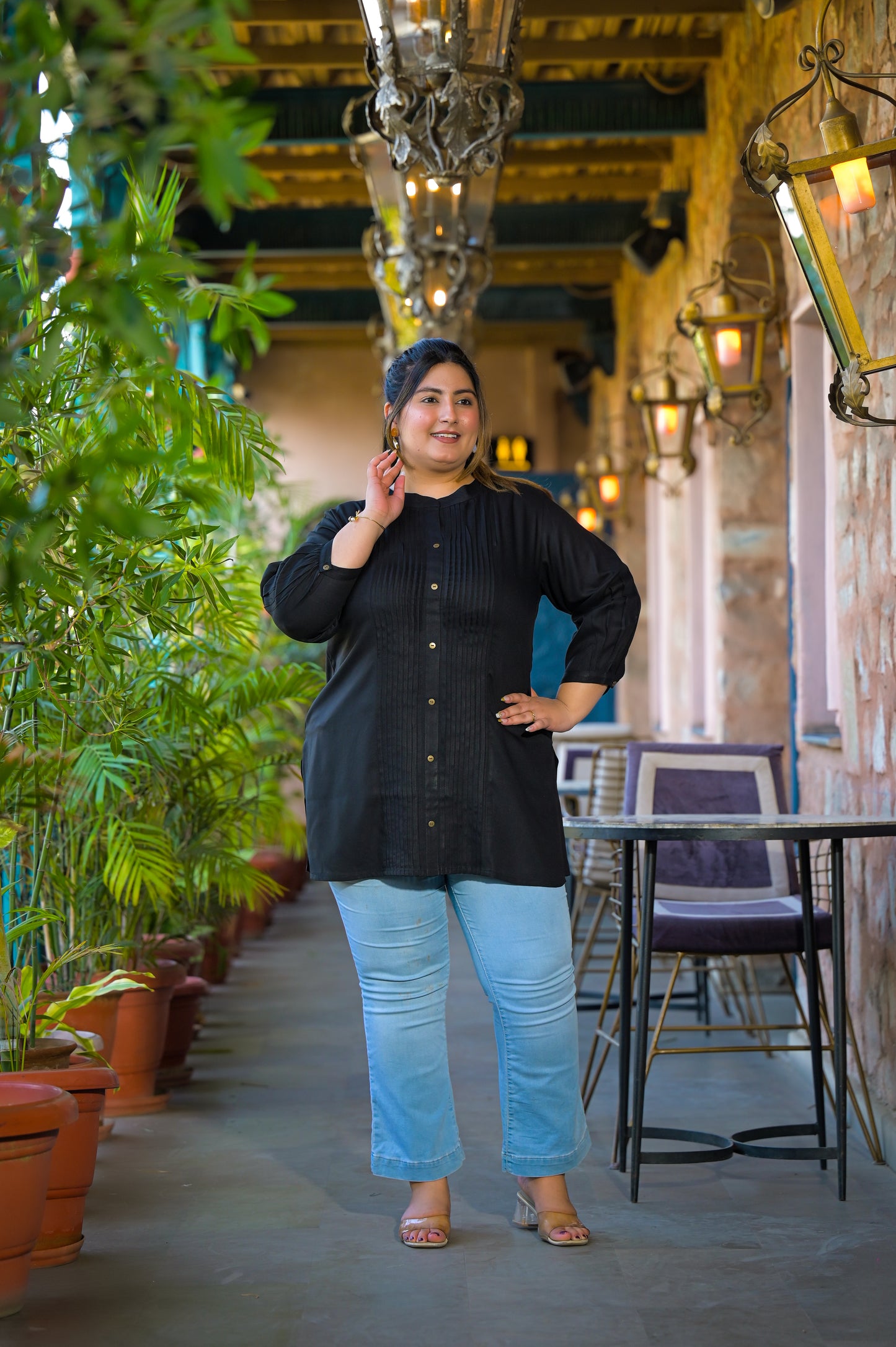 Black Rayon Solid Pin-Tucks Top