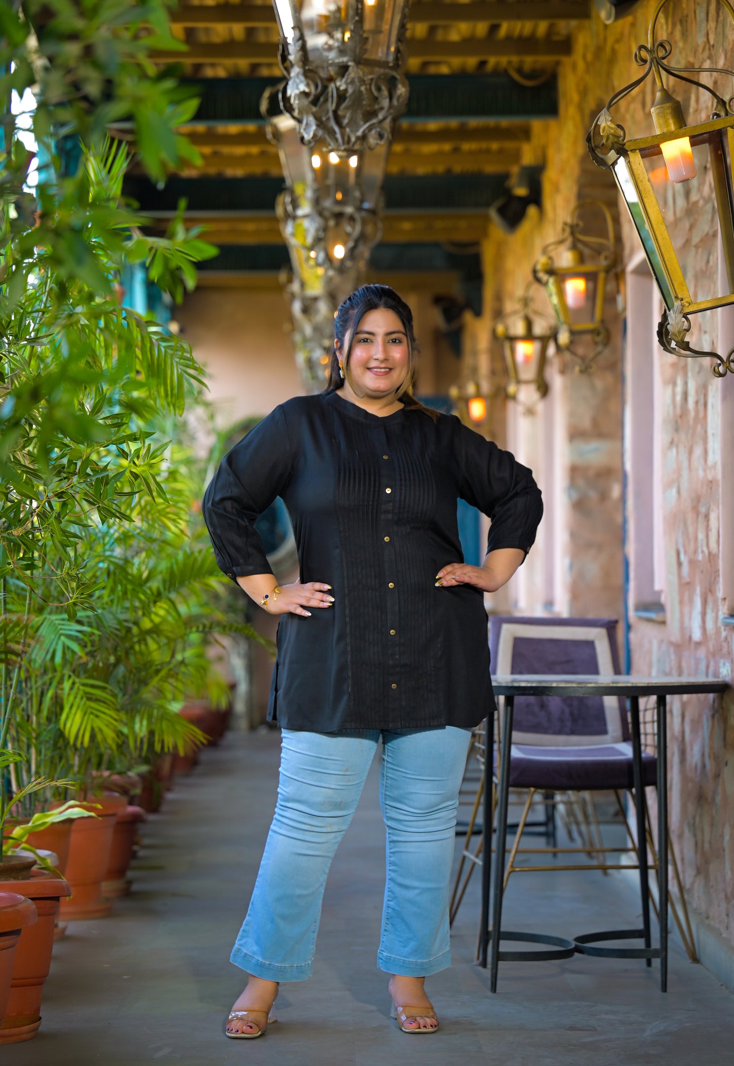 Black Rayon Solid Pin-Tucks Top