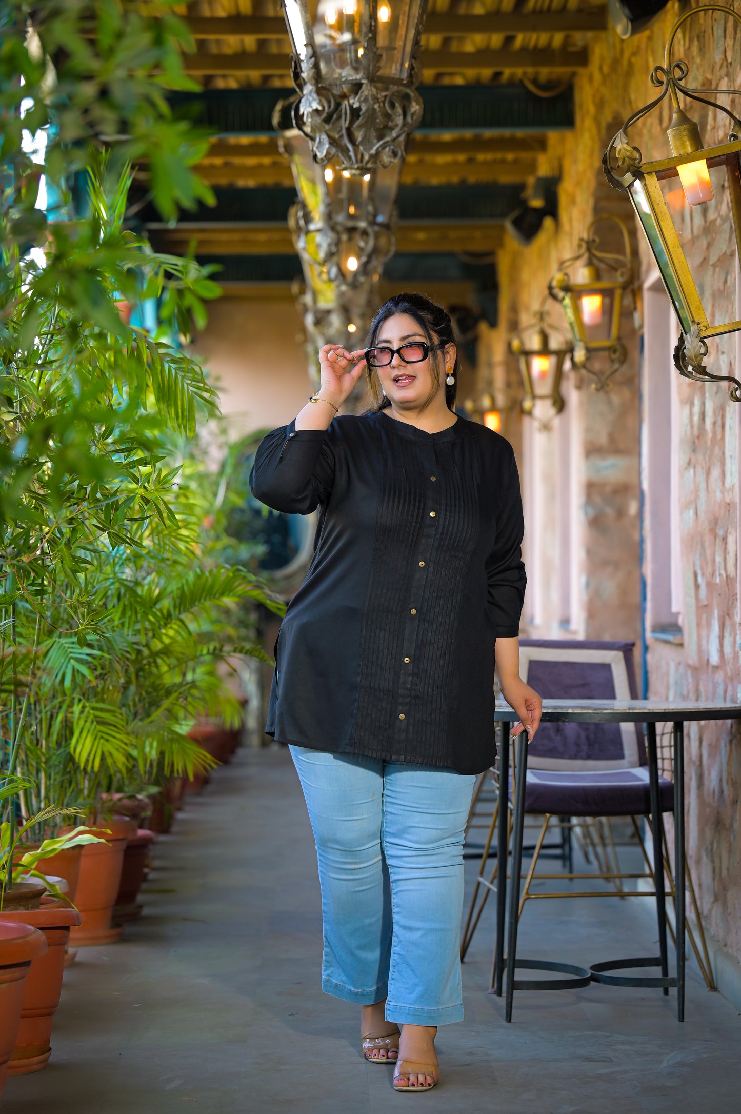 Black Rayon Solid Pin-Tucks Top