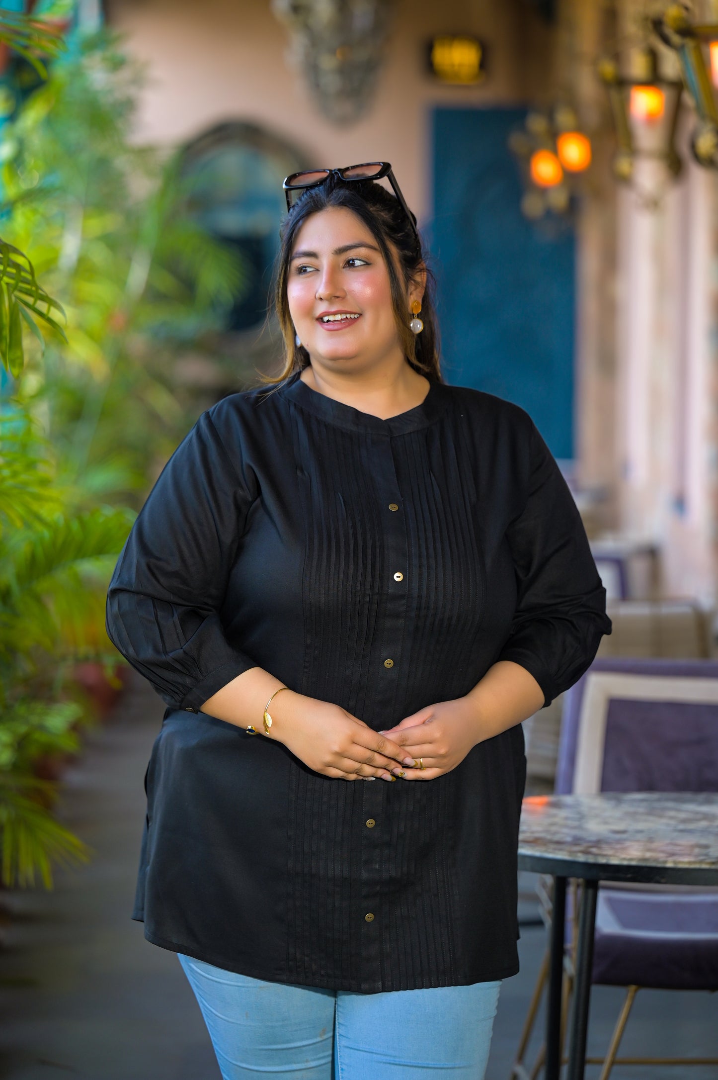 Black Rayon Solid Pin-Tucks Top