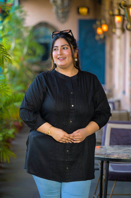 Black Rayon Solid Pin-Tucks Top