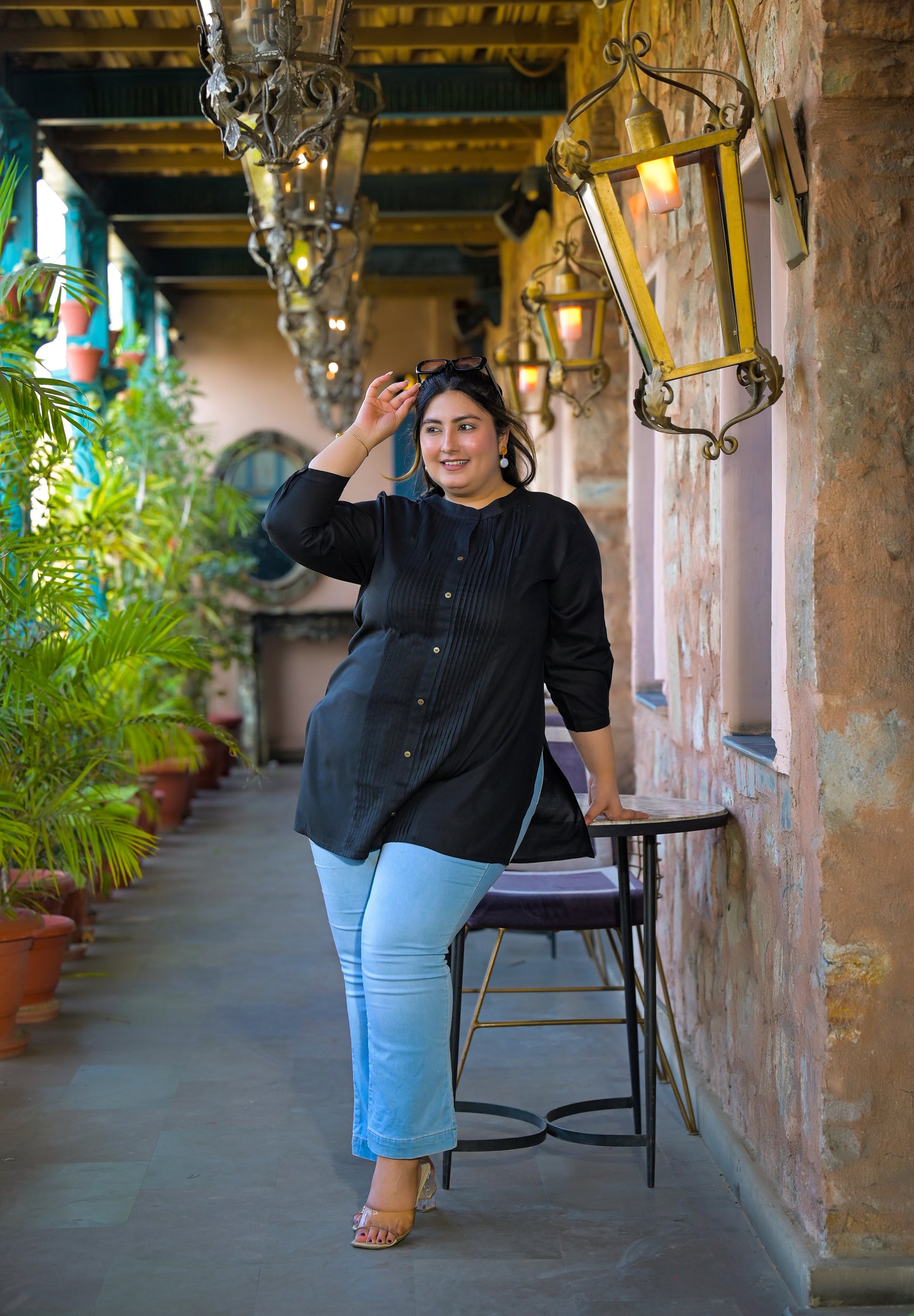 Black Rayon Solid Pin-Tucks Top