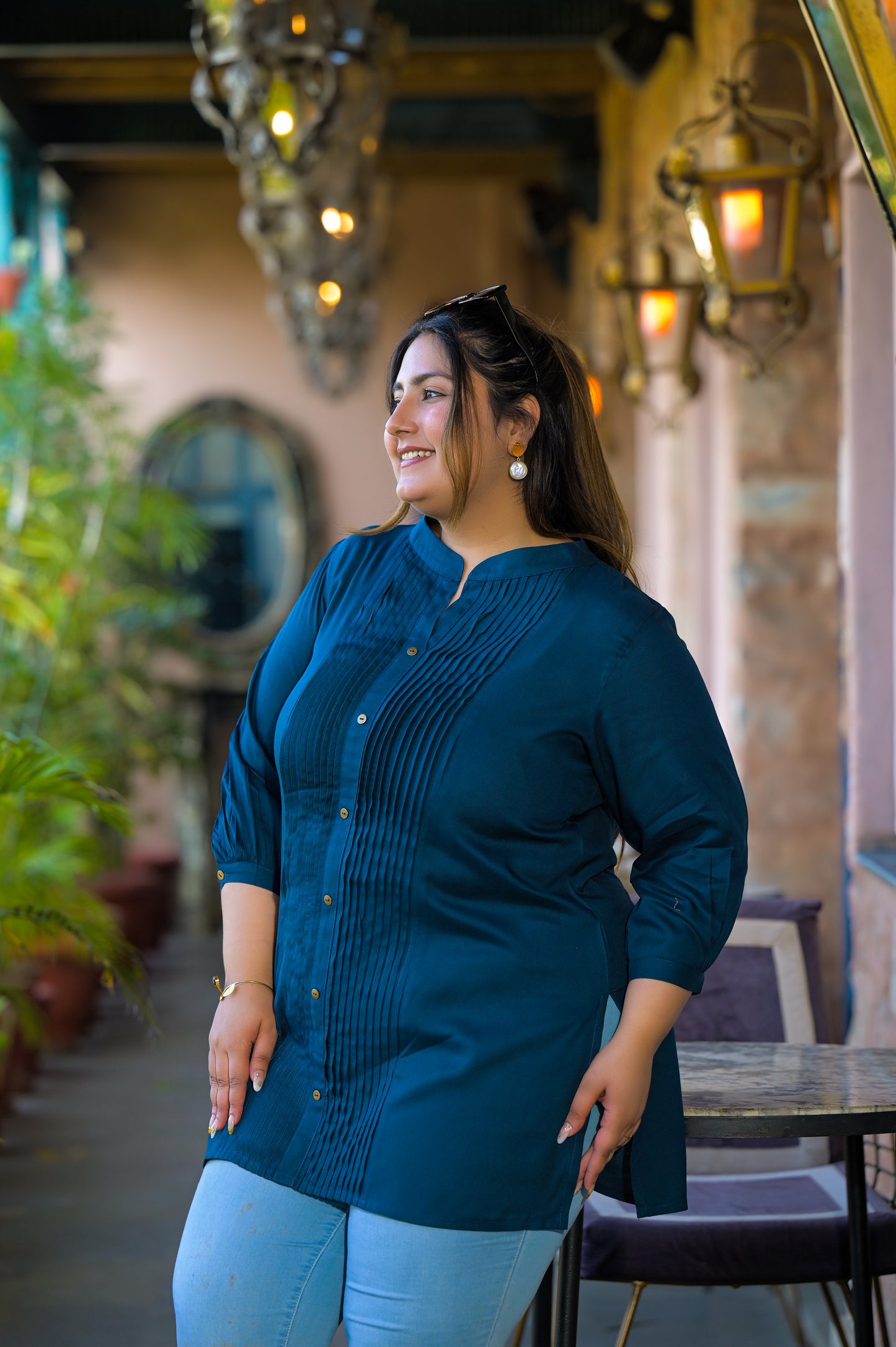 Teal Rayon Solid Pin-Tucks Top