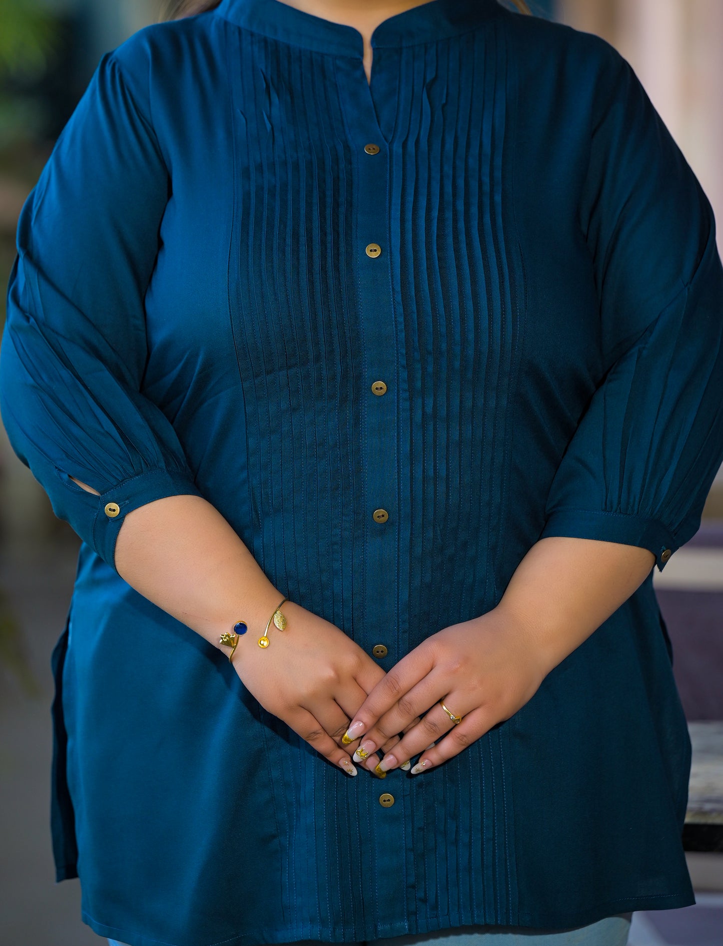 Teal Rayon Solid Pin-Tucks Top