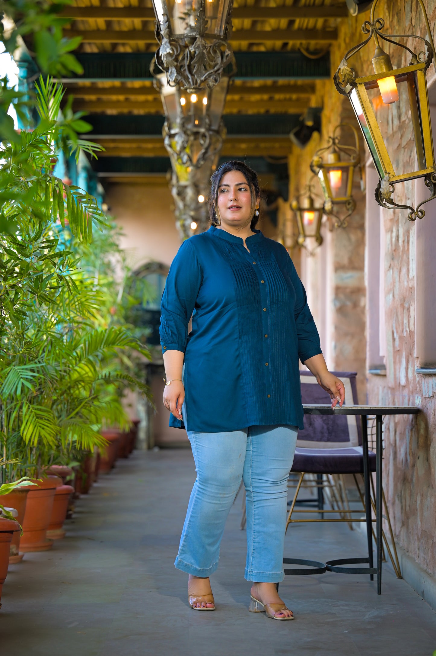 Teal Rayon Solid Pin-Tucks Top