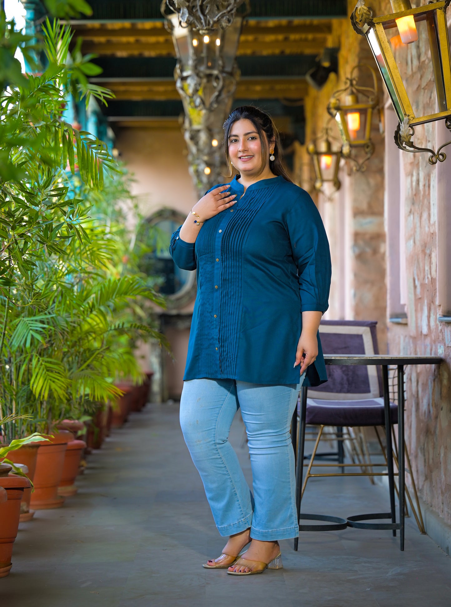 Teal Rayon Solid Pin-Tucks Top