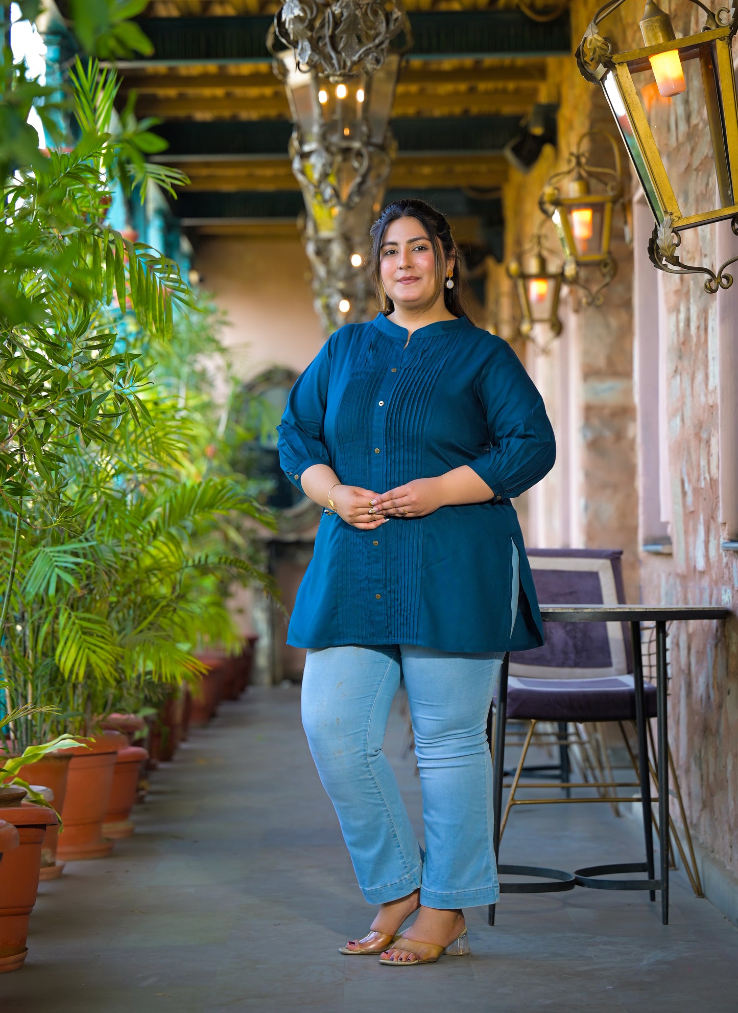 Teal Rayon Solid Pin-Tucks Top