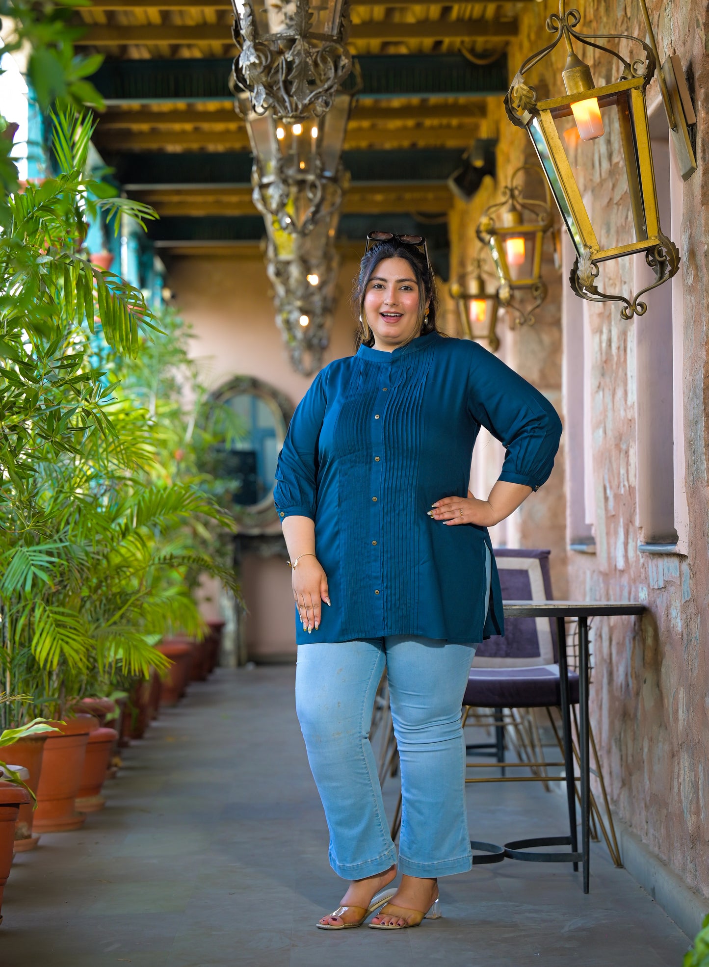 Teal Rayon Solid Pin-Tucks Top