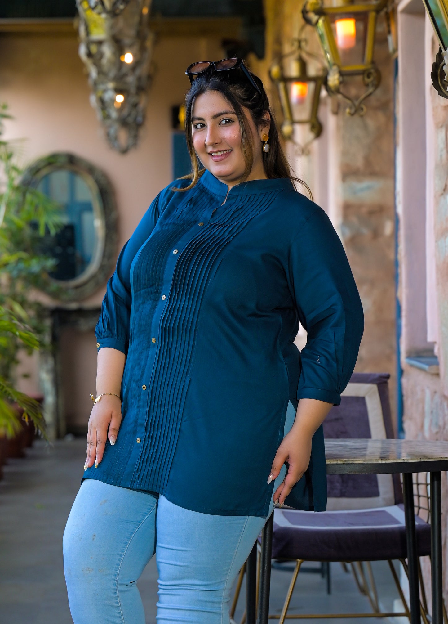 Teal Rayon Solid Pin-Tucks Top