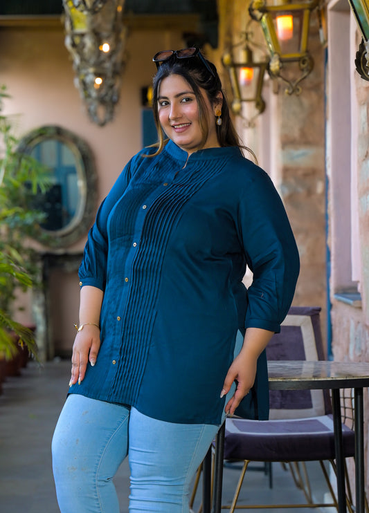 Teal Rayon Solid Pin-Tucks Top