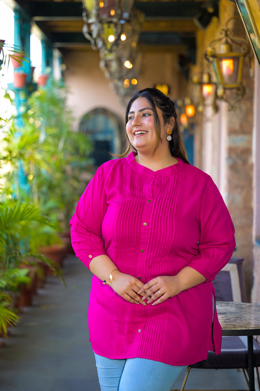 Pink Rayon Solid Pin-Tucks Top