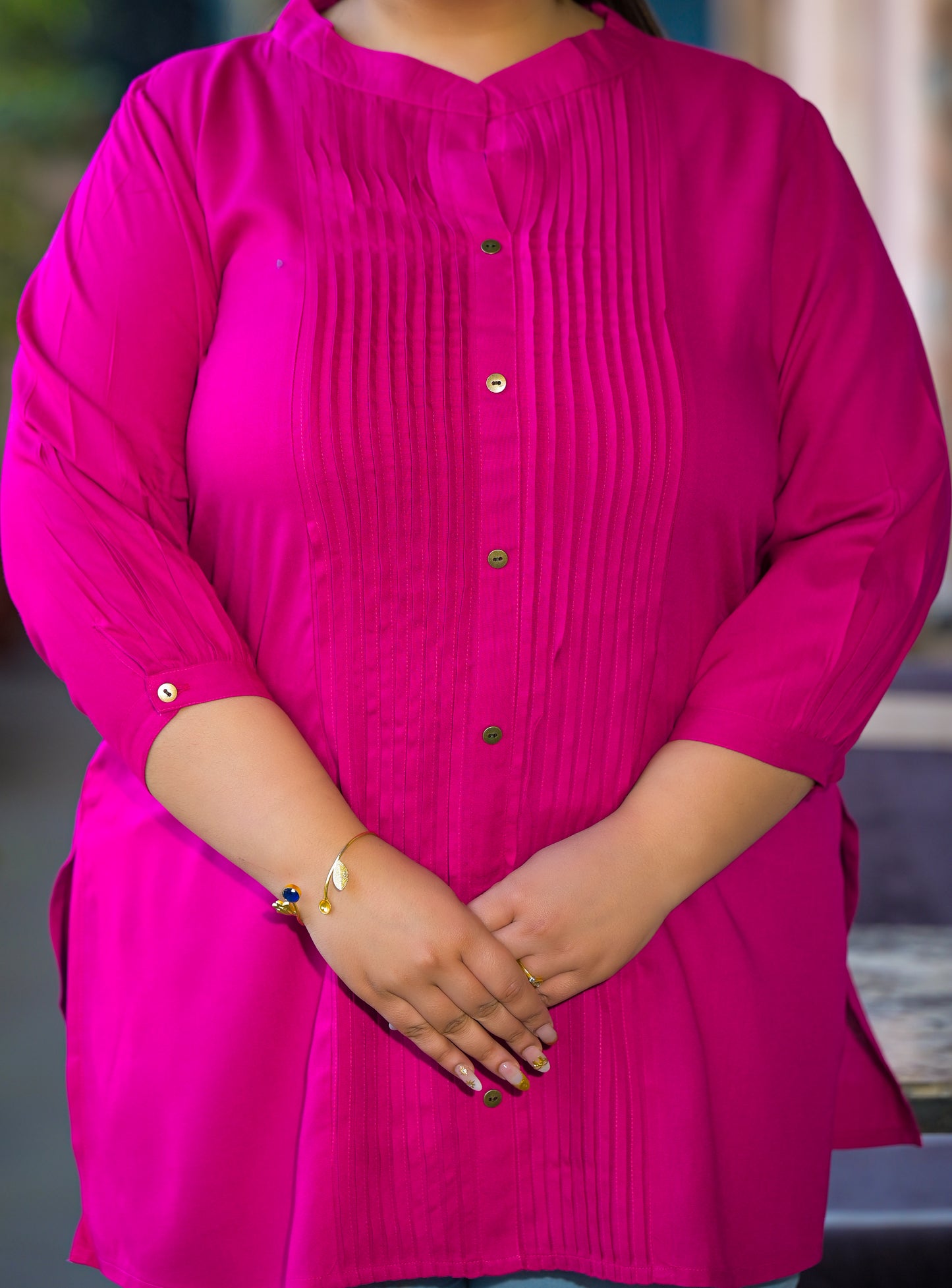 Pink Rayon Solid Pin-Tucks Top