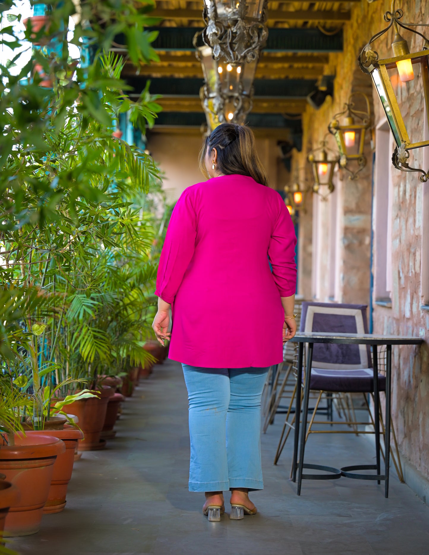 Pink Rayon Solid Pin-Tucks Top