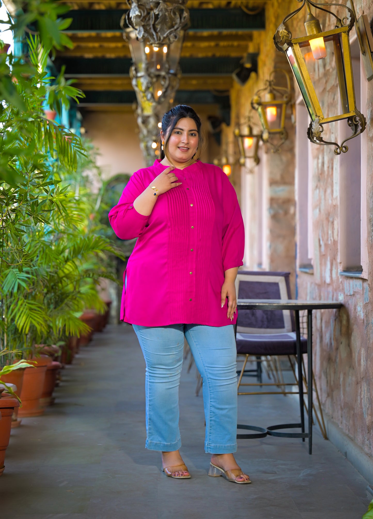 Pink Rayon Solid Pin-Tucks Top