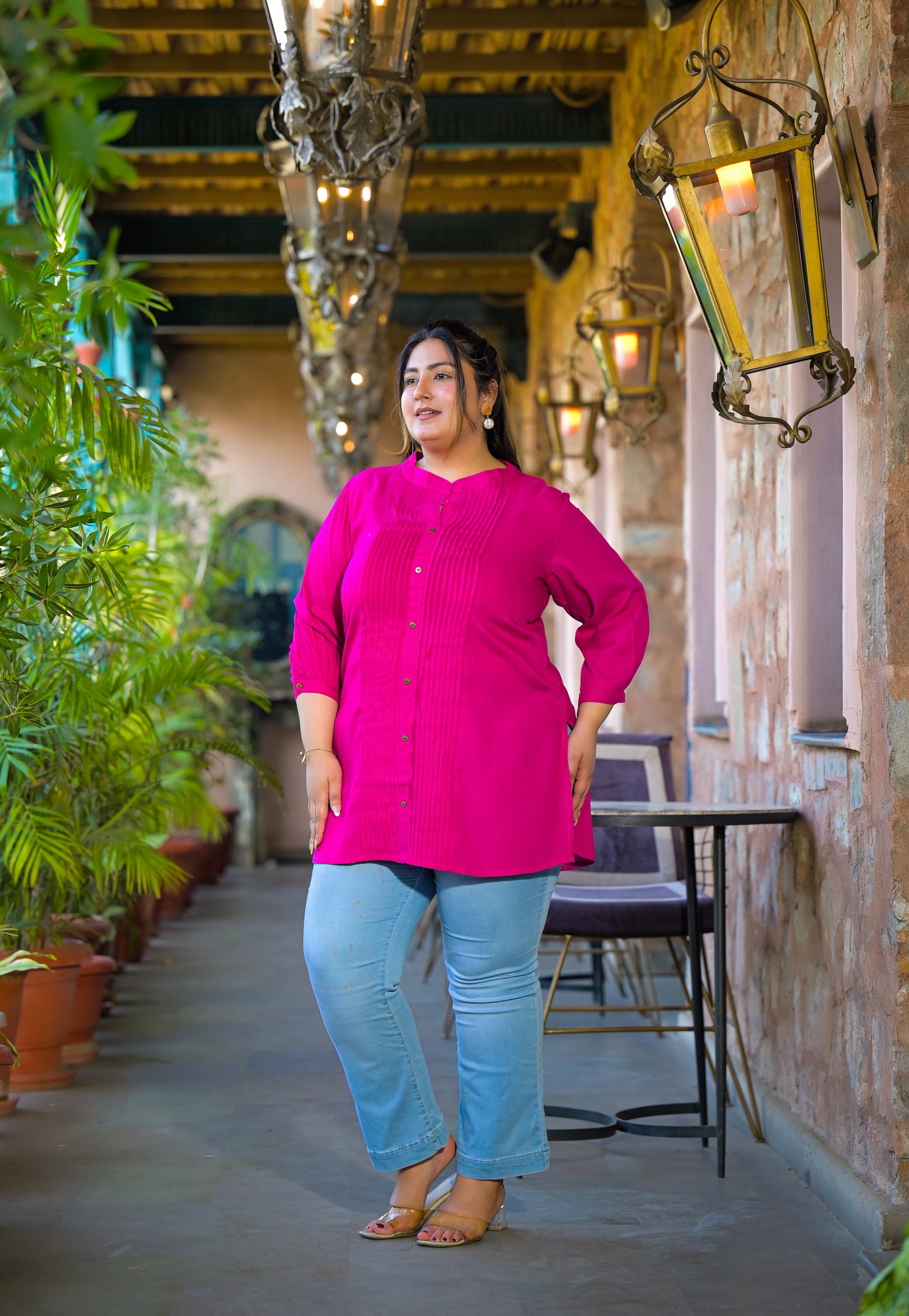 Pink Rayon Solid Pin-Tucks Top