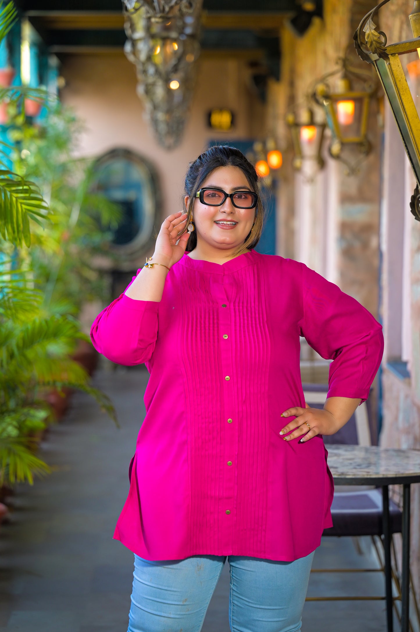 Pink Rayon Solid Pin-Tucks Top