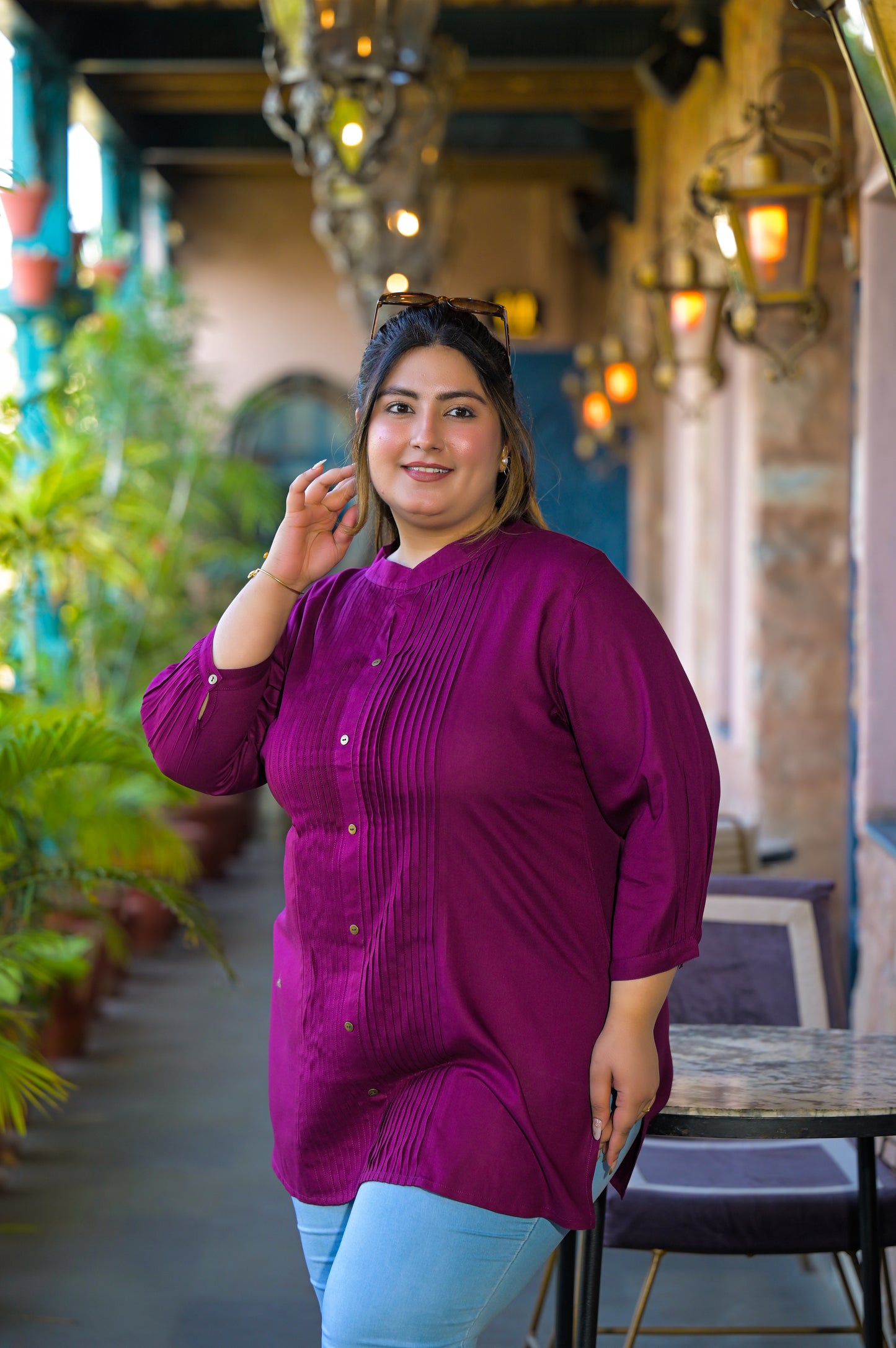 Purple Rayon Solid Pin-Tucks Top